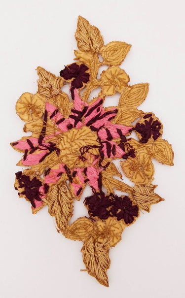 Gold and Pink Embroidered Flower Applique Patch, Floral Applique, Floral Motif